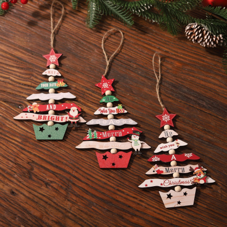 Decoratiune de Craciun din Lemn, , cu Snur pentru Agatare in Brad, Model Brad de Craciun si Om de Zapada, Scris We Wish You A Merry Christmas, 17x12.8x0.4 cm, Multicolor [5]