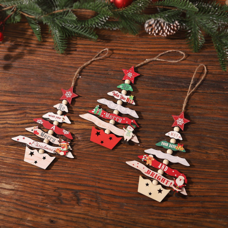 Decoratiune de Craciun din Lemn, , cu Snur pentru Agatare in Brad, Model Brad de Craciun si Ren, Scris We Wish You A Merry Christmas, 17x12.8x0.4 cm, Multicolor [4]