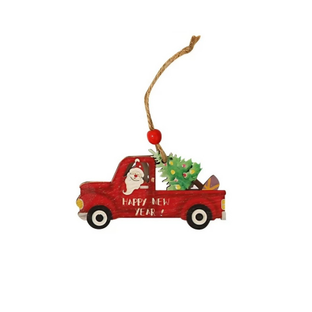 ✨TOATE PRODUSELE✨ - Decoratiune de Craciun din Lemn, , cu Snur pentru Agatare in Brad, Model Masina lui Mos Craciun, Scris Happy New Year, 8x8x0.4 cm, Multicolor