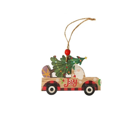 ✨TOATE PRODUSELE✨ - Decoratiune de Craciun din Lemn, , cu Snur pentru Agatare in Brad, Model Masina lui Mos Craciun, Scris Joy, 8x8x0.4 cm, Multicolor