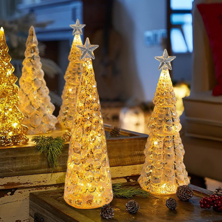 Decoratiune de Craciun, , Model Brad cu Stea, din Sticla, Lumini, Baterii 3 AA, 24 x 8 cm, Auriu [2]