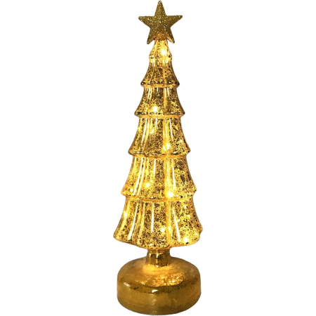 Decoratiuni Luminoase - Decoratiune de Craciun, , Model Brad cu Stea, din Sticla, Lumini, Baterii 3 AA, 31.5 x 9 cm, Auriu