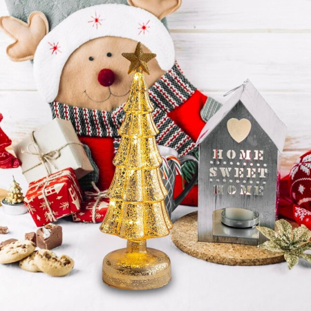 Decoratiune de Craciun, , Model Brad cu Stea, din Sticla, Lumini, Baterii 3 AA, 31.5 x 9 cm, Auriu [1]