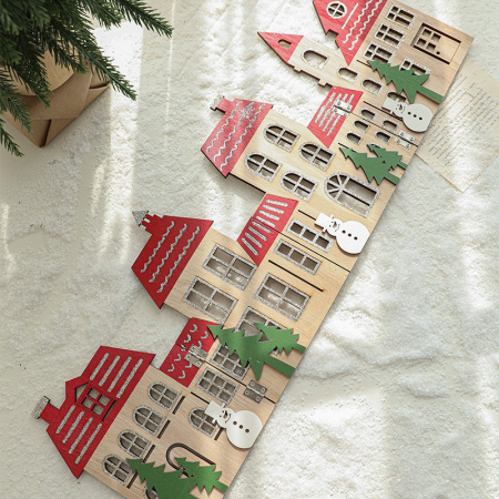 Decoratiune de Craciun, , Model Orasel de Craciun pentru Brad, in stil European, Pliabil din Lemn, 57 x 20 cm, Maro Natur Rosu [2]