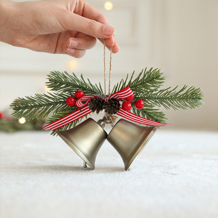 Decoratiune de Craciun pentru Brad, , Model 2 Clopotei de Craciun cu Crenguta de Brad, Decoratiune pentru Interior de Craciun, Albastru fier [2]