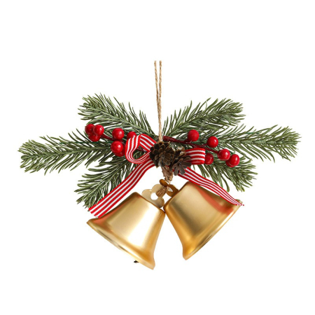 Decoratiuni Brad - Decoratiune de Craciun pentru Brad, , Model 2 Clopotei de Craciun cu Crenguta de Brad, Decoratiune pentru Interior de Craciun, Auriu