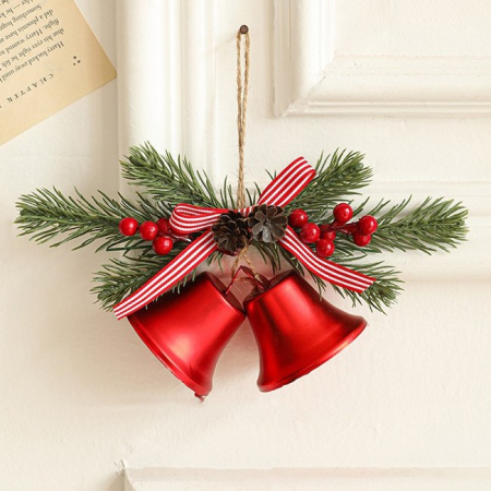 Decoratiuni Brad - Decoratiune de Craciun pentru Brad, , Model 2 Clopotei de Craciun cu Crenguta de Brad, Decoratiune pentru Interior de Craciun, Rosu lucios
