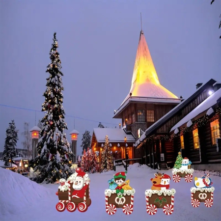 Decoratiune de Craciun, , pentru Gradina, Tip Trenulet, 5 Figurine + Bete de Infipt in Pamant, din Plastic, Impermeabil, Model Mos Craciun cu Prietenii, Multicolor [3]