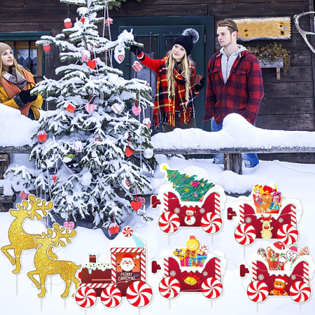 Decoratiune de Craciun, , pentru Gradina, Tip Trenulet, 7 Figurine + Bete de Infipt in Pamant, din Plastic, Impermeabil, Model Renii Joy si Noel, Multicolor [3]