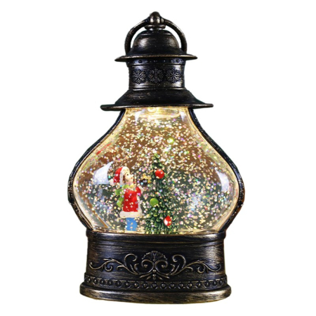 Decoratiuni Luminoase - Decoratiune de Craciun tip Felinar, , Glob de Cristal cu Fulgi de Zapada, Model Elf, Ornamentat cu Luminite Interioare, 14.5 x 9 x 3 cm, Rama Neagra, Transparent