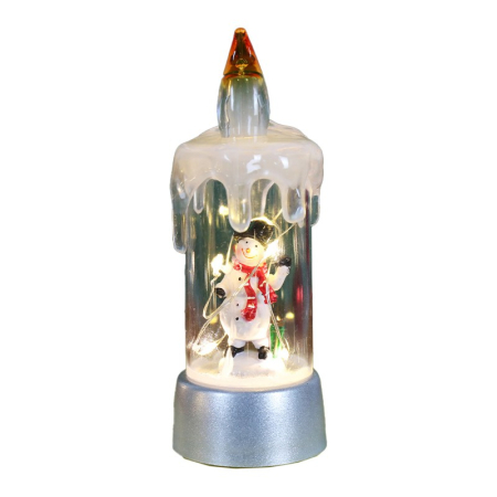 Decoratiuni Luminoase - Decoratiune de Craciun tip Lumanare, , Lumanare de Cristal fara Fulgi de Zapada, Model Om de Zapada, Iluminare LED, 13 x 5 x 5 cm, Baza Gri, Transparent