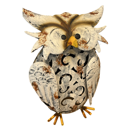 Pasari Decorative din Metal - Decoratiune de Gradina cu Lampa solara, , Model Bufnita, Iluminare Led si Incarcare Solara, 20.5 x 10 x 25.5 cm, din Fier, Gri Alb