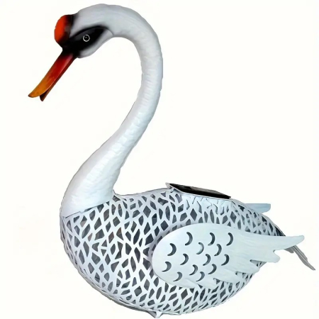 Pasari Decorative din Metal - Decoratiune de Gradina cu Lampa solara, , Model Lebada, Iluminare Led si Incarcare Solara, 39.5 x 35.5 x 14 cm, din Fier, Alb