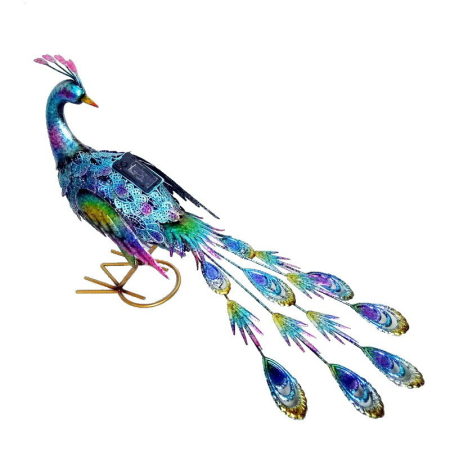 Pasari Decorative din Metal - Decoratiune de Gradina cu Lampa solara, , Model Paun Pitic, Iluminare Led si Incarcare Solara, 66 x 33.5 x 26.5 cm, din Fier, Albastru Multicolor