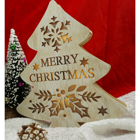 Decoratiune luminoasa, model de Brad cu inscriptie Marry Christmas, alb, lungime: 19 cm, latime: 3 cm, inaltime: 22 cm, lemn, interior/exterior [1]