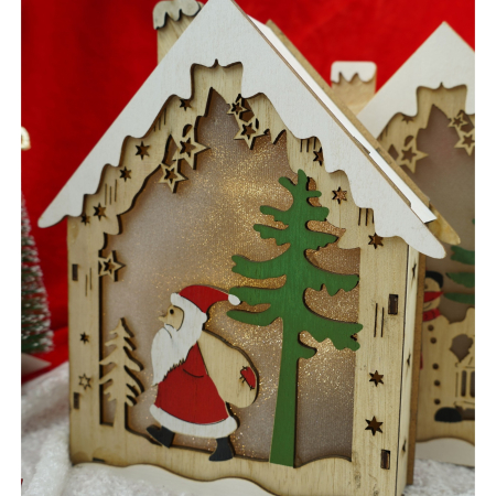 Decoratiune luminoasa, model de Casa cu Mos Craciun, maro, lungime: 18 cm, latime: 21 cm, inaltime: 5 cm, lemn, interior/exterior [4]