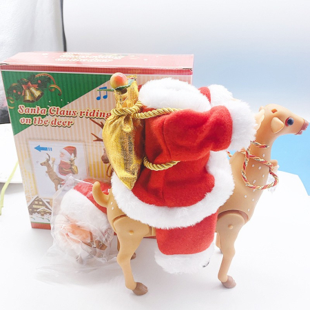 Decoratiune Mos Craciun, , Animat, care Canta si Danseaza, cu Saculet, pe Ren, Imbracat Festiv, 28x21x10 cm, Rosu [4]