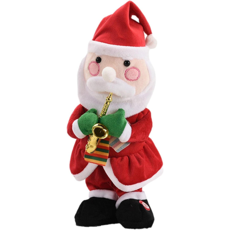 ✨TOATE PRODUSELE✨ - Decoratiune Mos Craciun, , Animat, care Canta si Danseaza, cu Saxofon, Imbracat Festiv, 25 cm Inaltime, Rosu