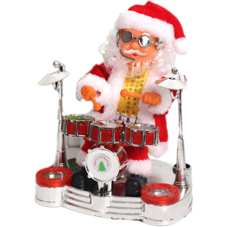 ✨TOATE PRODUSELE✨ - Decoratiune Mos Craciun, , Animat, care Canta si Danseaza, cu Tobe, Imbracat Festiv, 20x17 cm Inaltime, Rosu