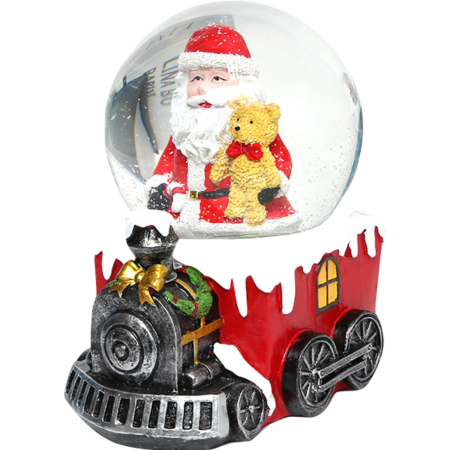 Decoratiuni Craciun - Decoratiune muzicala glob cu zapada, Mos Craciun pe tren, 9 x 10 cm, multicolor