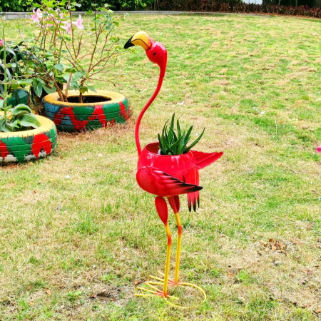 Decoratiune pentru Gradina, , Flamingo pentru Gradina cu Suport pentru Plante Flori, Ornament de Ghiveci de Flori, Model Flamingo, din Fier, 73 x 34 x 22 cm, Roz [2]