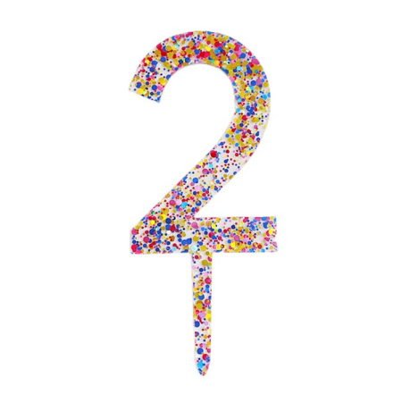 Lumanari si Toppere - Decoratiune Topper pentru Tort, , din Acrilic cu Fulgi de Sclipici, Model Cifra 2, Inaltime 18.5 cm, Transparent Multicolor
