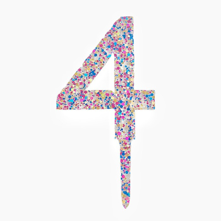 Lumanari si Toppere - Decoratiune Topper pentru Tort, , din Acrilic cu Fulgi de Sclipici, Model Cifra 4, Inaltime 18.5 cm, Transparent Multicolor 