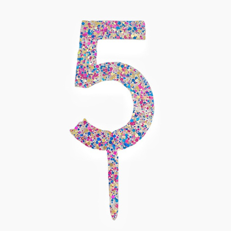 Lumanari si Toppere - Decoratiune Topper pentru Tort, , din Acrilic cu Fulgi de Sclipici, Model Cifra 5, Inaltime 18.5 cm, Transparent Multicolor 