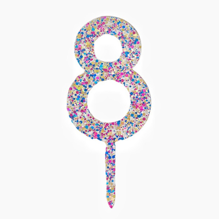 Lumanari si Toppere - Decoratiune Topper pentru Tort, , din Acrilic cu Fulgi de Sclipici, Model Cifra 8, Inaltime 18.5 cm, Transparent Multicolor 