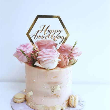 Decoratiune Topper pentru Tort, , Model Hexagon Scris Happy Birthday, Tematica Aniversare, Auriu [2]