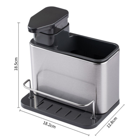 Dispenser Multifunctional, , Dozator pentru Detergent, pentru Sapun Lichid, Dezinfectant, cu Suport pentru Ustensile, 18.5 x 18 x 12.8 cm Negru [2]