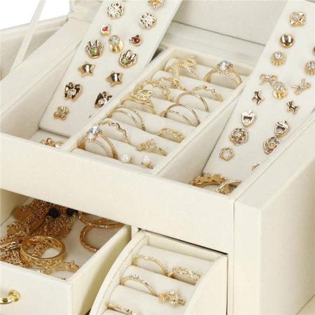 (DL) Cutie depozitare si organizare bijuterii, MDF, piele ecologica, 17,5 x 12 x 13,5 cm., crem [7]