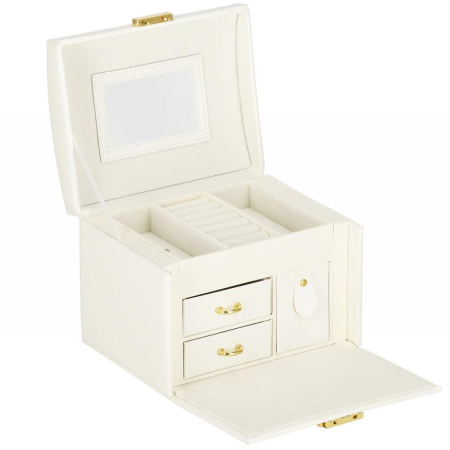 (DL) Cutie depozitare si organizare bijuterii, MDF, piele ecologica, 17,5 x 12 x 13,5 cm., crem [21]