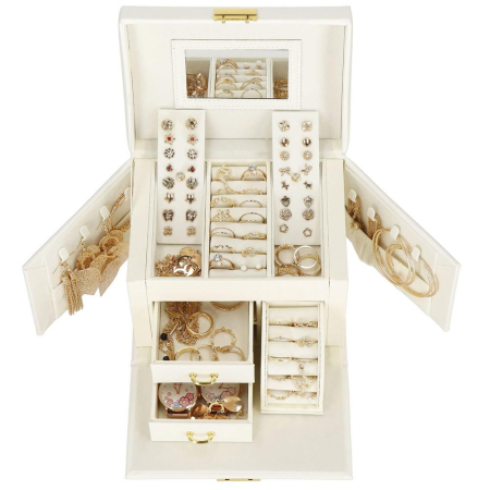 (DL) Cutie depozitare si organizare bijuterii, MDF, piele ecologica, 17,5 x 12 x 13,5 cm., crem [11]