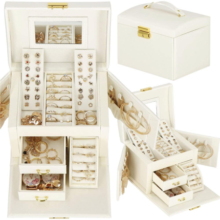 (DL) Cutie depozitare si organizare bijuterii, MDF, piele ecologica, 17,5 x 12 x 13,5 cm., crem [4]