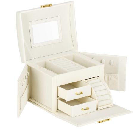 (DL) Cutie depozitare si organizare bijuterii, MDF, piele ecologica, 17,5 x 12 x 13,5 cm., crem [22]