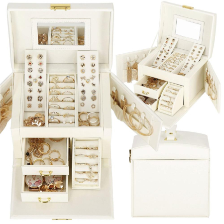 (DL) Cutie depozitare si organizare bijuterii, MDF, piele ecologica, 17,5 x 12 x 13,5 cm., crem [12]