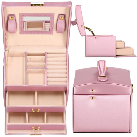 (DL) Cutie depozitare si organizare bijuterii, MDF, piele ecologica si velur, 17,5 x 14 x 12,5cm, roz [28]
