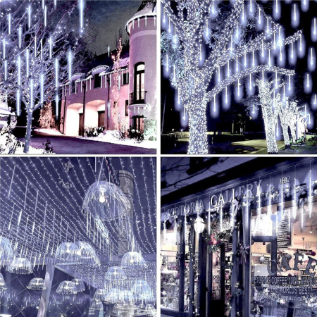 (DL) Instalatie de Craciun, 8 tuburi, 30cm, 144 LED, ploaie de meteoriti, alb [10]