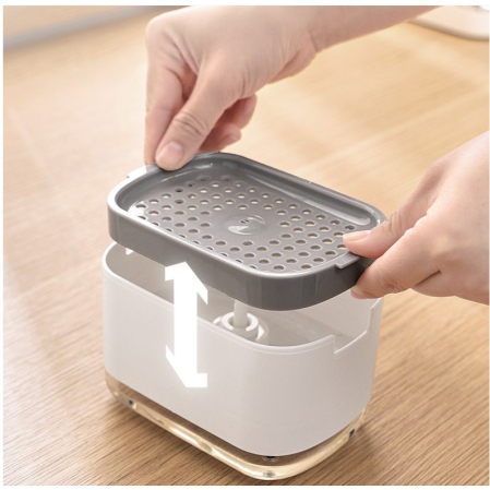 Dozator , Dispenser 2 in 1 pentru Detergent Lichid de Vase sau pentru Obiecte Sanitare cu Suport pentru Burete de Bucatarie , 8.6 x 14.5 x 10 cm, capacitate 300 ml, alb [3]