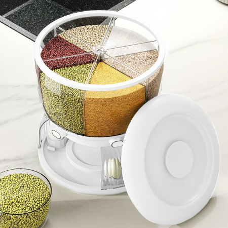 Dozator etajat de cereale , rotativ 360, 6 compartimente, capacitate 10L, cofrag special pentru oua, vas pentru scurgerea cerealelor, 35x27.5 cm, alb [6]