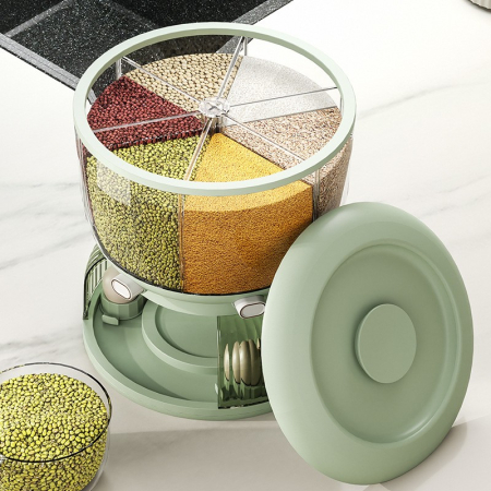 Dozator Etajat de Cereale , Rotativ 360, 6 Compartimente, Capacitate 10L, Cofraj Special pentru Oua, Vas pentru Scurgerea Cerealelor, 35x27.5 cm, Verde [2]
