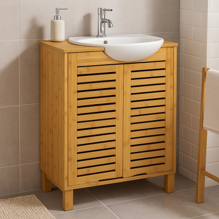 Dulap baie 5Five Sicela pentru lavoar, cu usi si rafturi, bambus si MDF, 60x28x80 cm, natur [5]