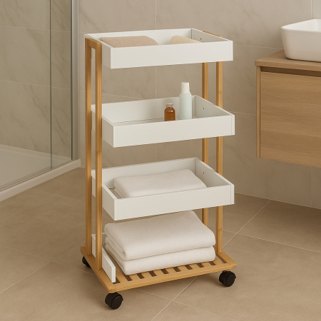 Etajera cu 4 rafturi 5Five Natureo pe roti, MDF si bambus, 40x30x88 cm, alb [3]