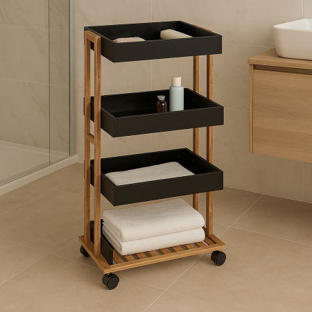 Etajera cu 4 rafturi 5Five Natureo pe roti, MDF si bambus, 40x30x88 cm, negru [4]