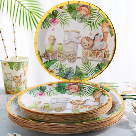 Farfurii Cartonate pentru Petreceri, , Farfurii cartonate de unica Folosinta pentru Zile de Nastere, Model Safari cu animale, set 10 buc, Diametru 23 cm, Multicolor [4]