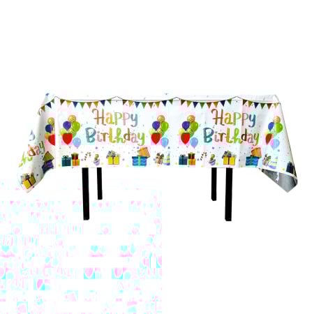 ✨TOATE PRODUSELE✨ - Fata de Masa, , din Folie, Imprimeu Happy Birthday cu Baloane, 137 x 274 cm, Alb