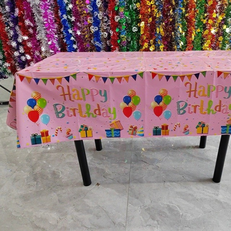 Fata de Masa, , din Folie, Imprimeu Happy Birthday cu Baloane, 137 x 274 cm, Roz [3]