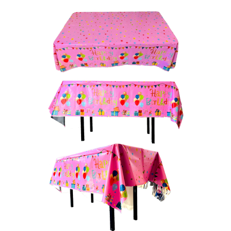 Fata de Masa, , din Folie, Imprimeu Happy Birthday cu Baloane, 137 x 274 cm, Roz [2]