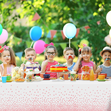 Fata de Masa, , din PEVA, Imprimeu Buline, 137 x 274 cm, Impermeabila, Fara Pete, Curatare Rapida, Roz [4]